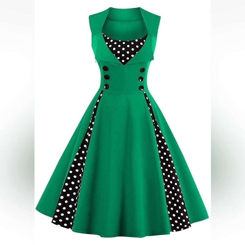 Killreal, Fantastic Emerald Polka-Dot Fit & Flare Cotton Dress EUC Size M - Picture 4 of 15